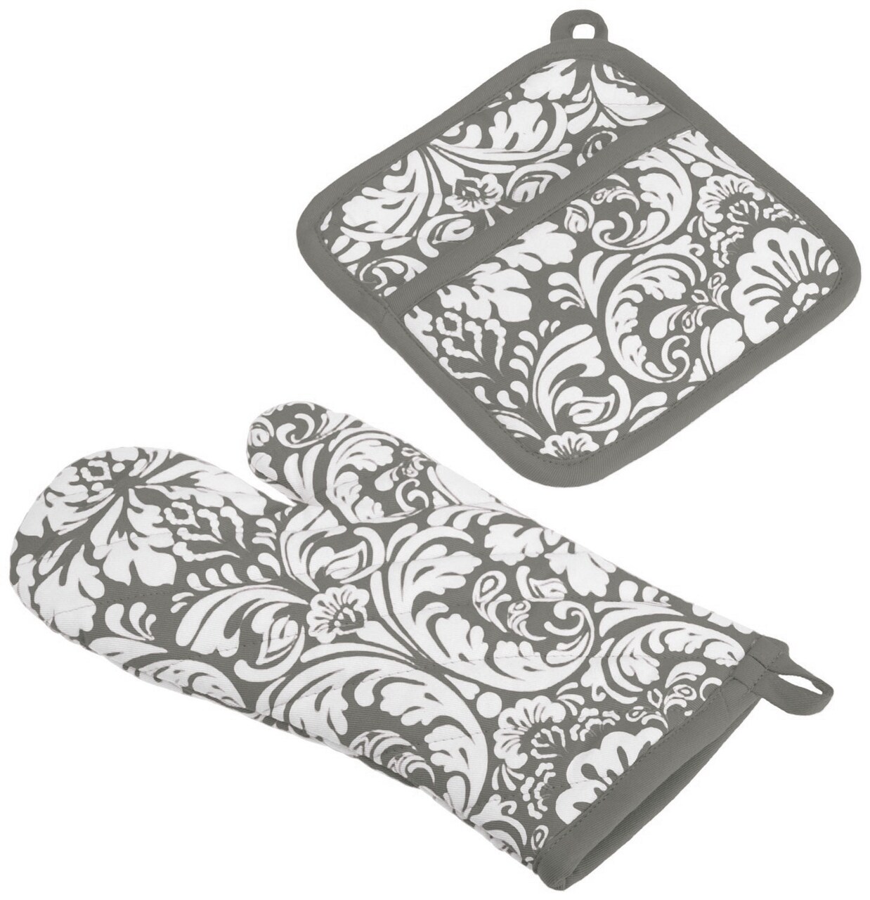 Contemporary Home Living Damask Cotton Oven Mitt And Potholder - 12" - Gray and White - Set of 2